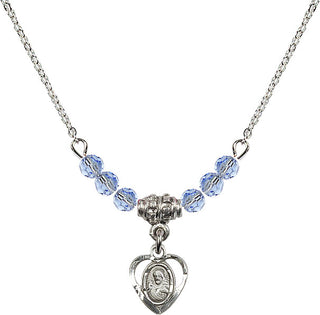 18" Rhodium Plated Necklace with 4mm Light Sapphire Crystal Beads featuring a Sterling Silver Scapular Medal.