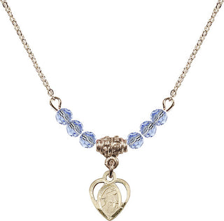 18" Hamilton Gold Plated Necklace with 4mm Light Sapphire Crystal Beads featuring a 14kt Gold Filled Guardian Angel Medal. Engraved Catholic Saint Jewelry