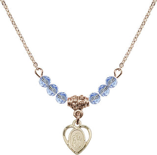18" Hamilton Gold Plated Necklace with 4mm Light Sapphire Crystal Beads featuring a 14kt Gold Filled Saint Ann Medal. Engraved Catholic Saint Jewelry
