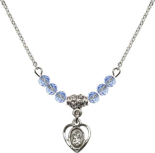 18" Rhodium Plated Necklace with 4mm Light Sapphire Crystal Beads featuring a Sterling Silver Saint Ann Medal. Engraved Catholic Saint Jewelry