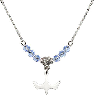 18" Rhodium Plated Necklace with 4mm Light Sapphire Crystal Beads featuring a Sterling Silver Holy Spirit Medal.
