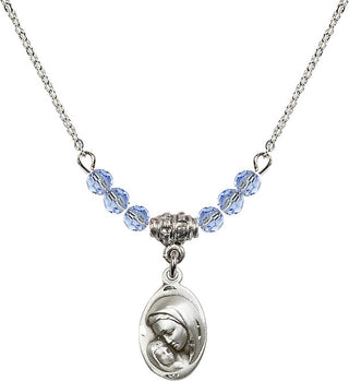 18" Rhodium Plated Necklace with 4mm Light Sapphire Crystal Beads featuring a Sterling Silver Madonna & Child Medal.