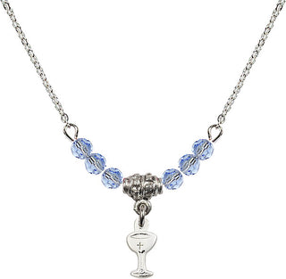 18" Rhodium Plated Necklace with 4mm Light Sapphire Crystal Beads featuring a Sterling Silver Chalice Medal.