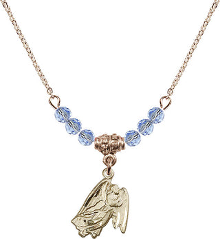 18" Hamilton Gold Plated Necklace with 4mm Light Sapphire Crystal Beads featuring a 14kt Gold Filled Guardian Angel Medal.