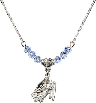 18" Rhodium Plated Necklace with 4mm Light Sapphire Crystal Beads featuring a Sterling Silver Guardian Angel Medal.