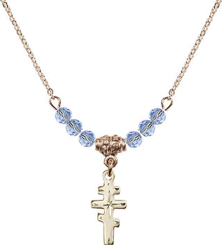 18" Hamilton Gold Plated Necklace with 4mm Light Sapphire Crystal Beads featuring a 14kt Gold Filled Greek Orthadox Cross Medal.