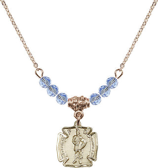 18" Hamilton Gold Plated Necklace with 4mm Light Sapphire Crystal Beads featuring a 14kt Gold Filled Saint Florian Medal. Engraved Catholic Saint Jewelry