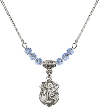 18" Rhodium Plated Necklace with 4mm Light Sapphire Crystal Beads featuring a Sterling Silver Saint Michael the Archangel Medal. Engraved Catholic Saint Jewelry