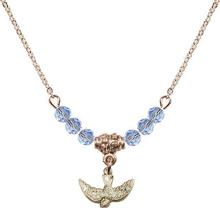 18" Hamilton Gold Plated Necklace with 4mm Light Sapphire Crystal Beads featuring a 14kt Gold Filled Holy Spirit Medal.