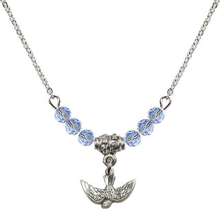 18" Rhodium Plated Necklace with 4mm Light Sapphire Crystal Beads featuring a Sterling Silver Holy Spirit Medal.