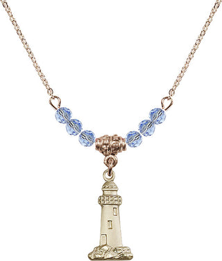18" Hamilton Gold Plated Necklace with 4mm Light Sapphire Crystal Beads featuring a 14kt Gold Filled Lighthouse Medal.