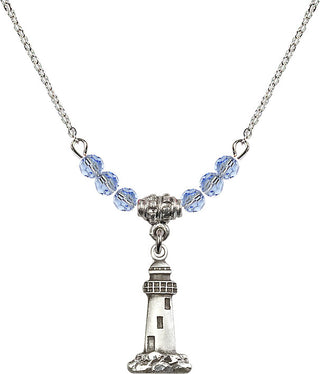 18" Rhodium Plated Necklace with 4mm Light Sapphire Crystal Beads featuring a Sterling Silver Lighthouse Medal.