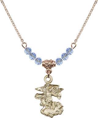 18" Hamilton Gold Plated Necklace with 4mm Light Sapphire Crystal Beads featuring a 14kt Gold Filled Saint Michael the Archangel Medal.