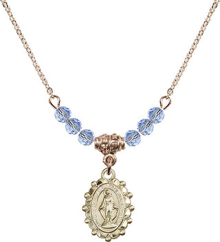 18" Hamilton Gold Plated Necklace with 4mm Light Sapphire Crystal Beads featuring a 14kt Gold Filled Miraculous Medal.