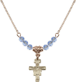 18" Hamilton Gold Plated Necklace with 4mm Light Sapphire Crystal Beads featuring a 14kt Gold Filled San Damiano Crucifix Medal.