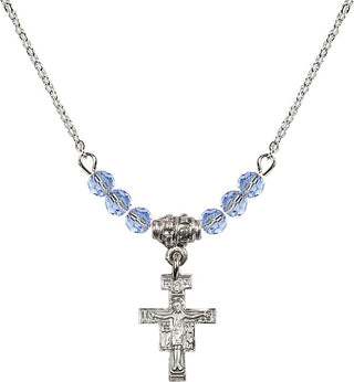 18" Rhodium Plated Necklace with 4mm Light Sapphire Crystal Beads featuring a Sterling Silver San Damiano Crucifix Medal.