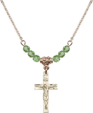 18" Hamilton Gold Plated Necklace with 4mm Peridot Crystal Beads featuring a 14kt Gold Filled Crucifix Medal.