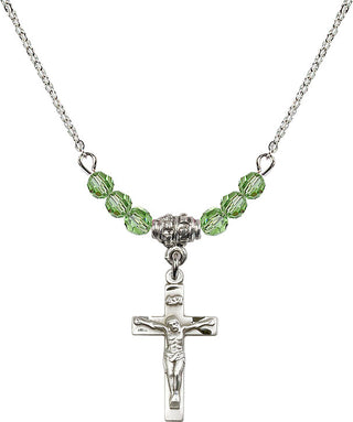 18" Rhodium Plated Necklace with 4mm Peridot Crystal Beads featuring a Sterling Silver Crucifix Medal.