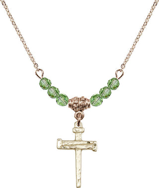 18" Hamilton Gold Plated Necklace with 4mm Peridot Crystal Beads featuring a 14kt Gold Filled Nail Cross Medal.