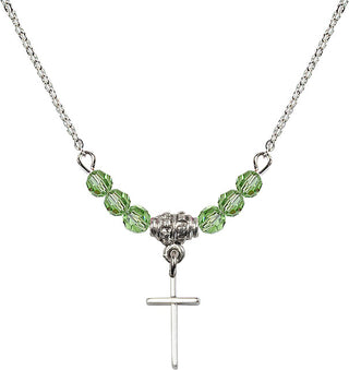18" Rhodium Plated Necklace with 4mm Peridot Crystal Beads featuring a Sterling Silver Cross Medal.