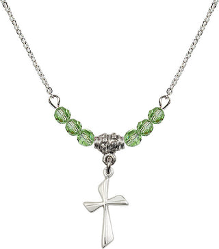 18" Rhodium Plated Necklace with 4mm Peridot Crystal Beads featuring a Sterling Silver Cross Medal.