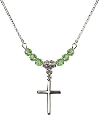 18" Rhodium Plated Necklace with 4mm Peridot Crystal Beads featuring a Sterling Silver Cross Medal.