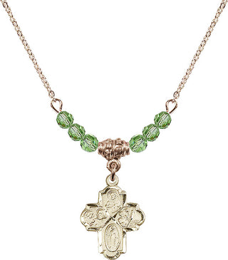 18" Hamilton Gold Plated Necklace with 4mm Peridot Crystal Beads featuring a 14kt Gold Filled 4-Way Medal.