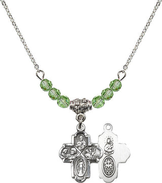 18" Rhodium Plated Necklace with 4mm Peridot Crystal Beads featuring a Sterling Silver 4-Way Medal.