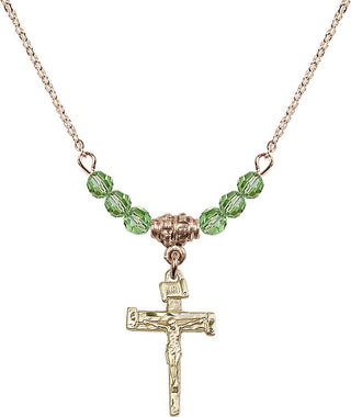 18" Hamilton Gold Plated Necklace with 4mm Peridot Crystal Beads featuring a 14kt Gold Filled Nail Crucifix Medal.