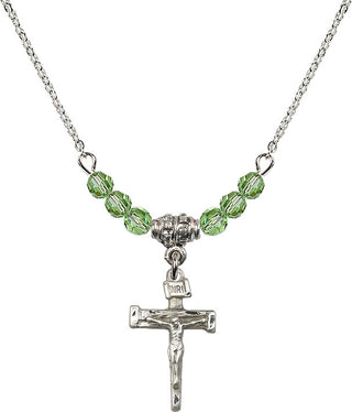 18" Rhodium Plated Necklace with 4mm Peridot Crystal Beads featuring a Sterling Silver Nail Crucifix Medal.