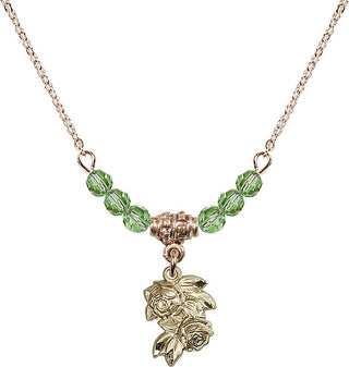 18" Hamilton Gold Plated Necklace with 4mm Peridot Crystal Beads featuring a 14kt Gold Filled Rose Medal.