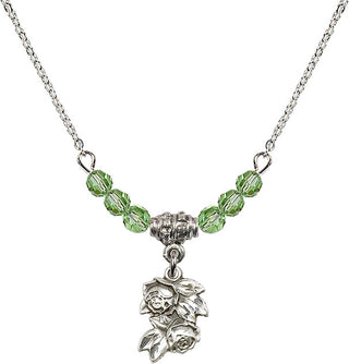 18" Rhodium Plated Necklace with 4mm Peridot Crystal Beads featuring a Sterling Silver Rose Medal.