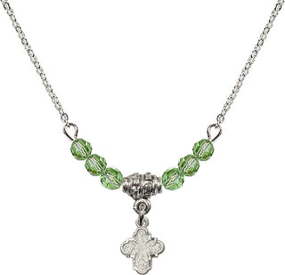 18" Rhodium Plated Necklace with 4mm Peridot Crystal Beads featuring a Sterling Silver 4-Way Medal.