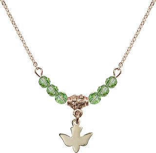 18" Hamilton Gold Plated Necklace with 4mm Peridot Crystal Beads featuring a 14kt Gold Filled Holy Spirit Medal.