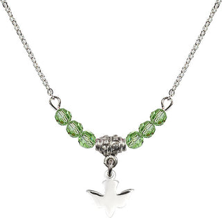 18" Rhodium Plated Necklace with 4mm Peridot Crystal Beads featuring a Sterling Silver Holy Spirit Medal.