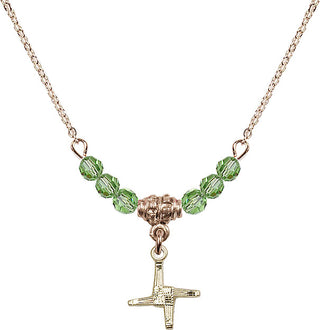 18" Hamilton Gold Plated Necklace with 4mm Peridot Crystal Beads featuring a 14kt Gold Filled Saint Brigid Cross Medal.