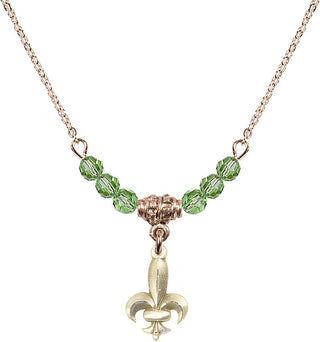 18" Hamilton Gold Plated Necklace with 4mm Peridot Crystal Beads featuring a 14kt Gold Filled Fleur de Lis Medal.