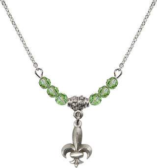 18" Rhodium Plated Necklace with 4mm Peridot Crystal Beads featuring a Sterling Silver Fleur de Lis Medal.