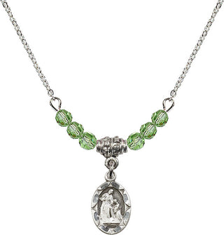 18" Rhodium Plated Necklace with 4mm Peridot Crystal Beads featuring a Sterling Silver Saint Ann Medal.