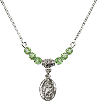 18" Rhodium Plated Necklace with 4mm Peridot Crystal Beads featuring a Sterling Silver Saint Christopher Medal.
