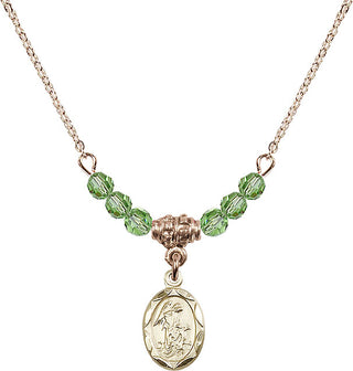 18" Hamilton Gold Plated Necklace with 4mm Peridot Crystal Beads featuring a 14kt Gold Filled Guardian Angel Medal.