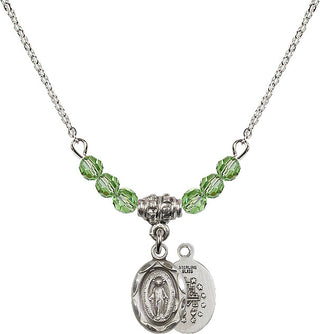 18" Rhodium Plated Necklace with 4mm Peridot Crystal Beads featuring a Sterling Silver Miraculous Medal.