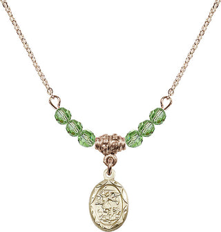 18" Hamilton Gold Plated Necklace with 4mm Peridot Crystal Beads featuring a 14kt Gold Filled Saint Michael the Archangel Medal.