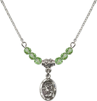 18" Rhodium Plated Necklace with 4mm Peridot Crystal Beads featuring a Sterling Silver Saint Michael the Archangel Medal.