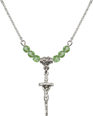 18" Rhodium Plated Necklace with 4mm Peridot Crystal Beads featuring a Sterling Silver Papal Crucifix Medal.