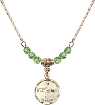 18" Hamilton Gold Plated Necklace with 4mm Peridot Crystal Beads featuring a 14kt Gold Filled Baptism Medal. Engraved Catholic Saint Jewelry