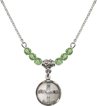 18" Rhodium Plated Necklace with 4mm Peridot Crystal Beads featuring a Sterling Silver Baptism Medal. Engraved Catholic Saint Jewelry