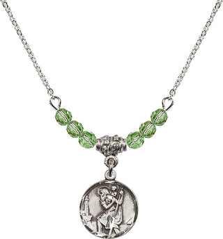 18" Rhodium Plated Necklace with 4mm Peridot Crystal Beads featuring a Sterling Silver Saint Christopher Medal. Engraved Catholic Saint Jewelry