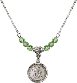 18" Rhodium Plated Necklace with 4mm Peridot Crystal Beads featuring a Sterling Silver Guardian Angel Medal. Engraved Catholic Saint Jewelry