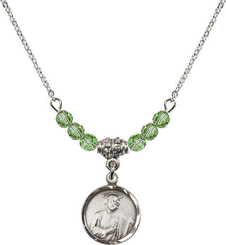 18" Rhodium Plated Necklace with 4mm Peridot Crystal Beads featuring a Sterling Silver Saint Jude Medal. Engraved Catholic Saint Jewelry